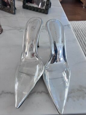 Good American Clear and Silver Pointed Mule Heels